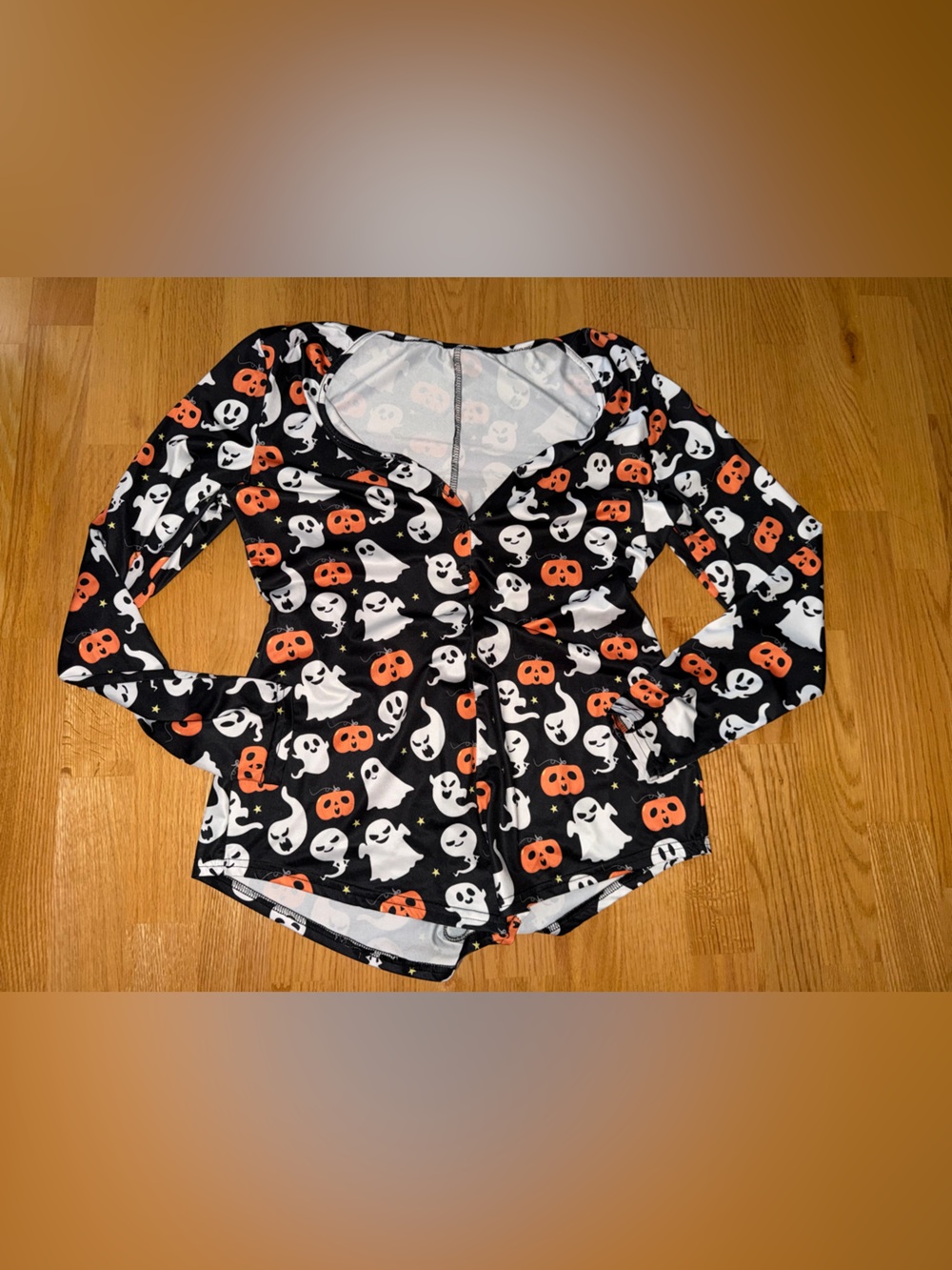 SHEIN Black Halloween Bodysuit with Orange Pumpkin & White Ghost Print